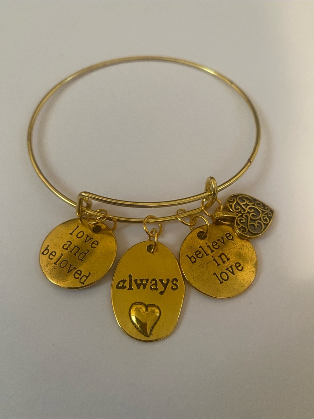 Hand Crafted Gold Tone Charm Bangle Bracelet with 'Always' and Heart Charms